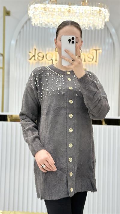 Angora İncili Uzun Ceket 7585