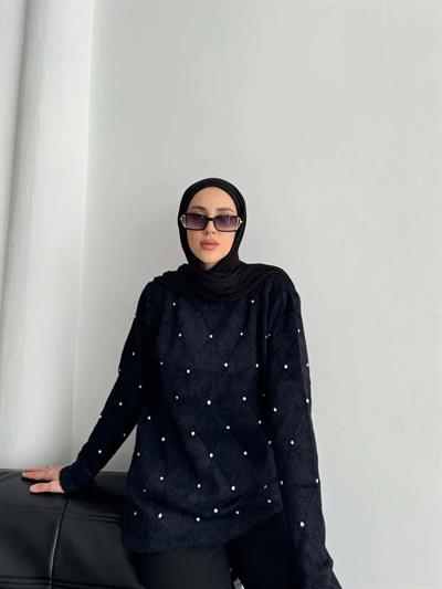 Angora Önü Taşlı Baklavalı Bisiklet Yaka Tunik 140293