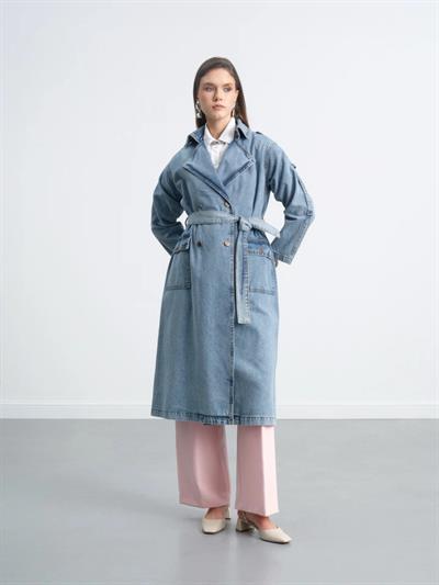 Apolet Omuz Detaylı Kruvaze Yaka Kuşaklı Denim Uzun Denim Gabardin Trençkot 6822