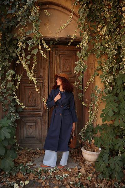 Apolet Omuz Detaylı Kruvaze Yaka Kuşaklı Denim Uzun Denim Gabardin Trençkot 6822