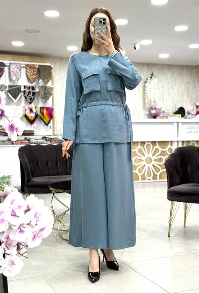 Bisiklet Yaka Yarım Fermuarlı Yandan Büzgülü Cepli İkili Takım | Denim Kot Tencel 4291