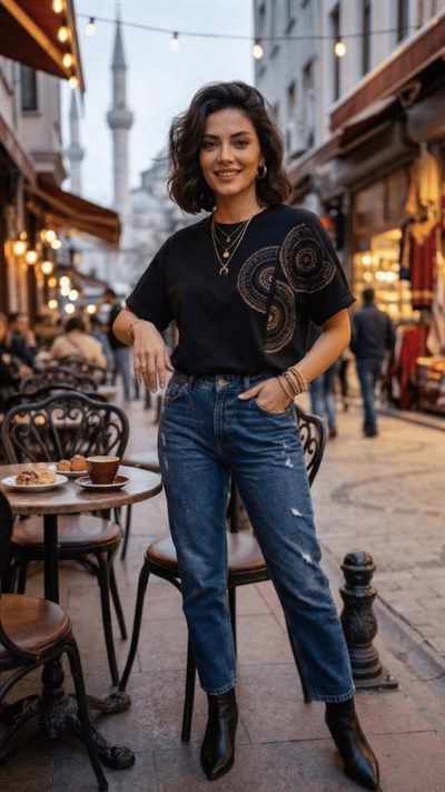 Geometrik Nakış Detaylı Tişört