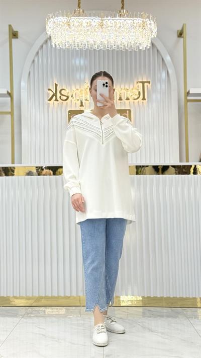 Kayra - Dikiş Detaylı ve Taş İşlemeli Scuba Sweatshirt KA-B25-31011