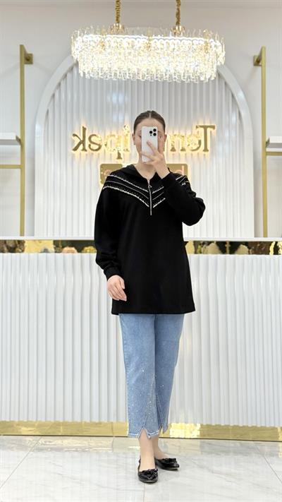 Kayra - Dikiş Detaylı ve Taş İşlemeli Scuba Sweatshirt KA-B25-31011