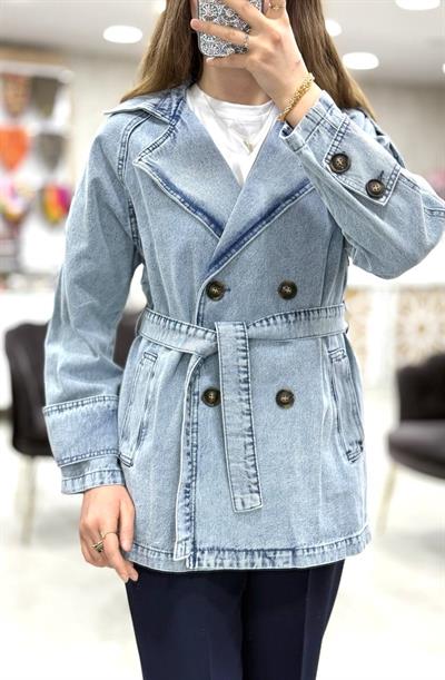 Kruvaze Yaka Kuşaklı Cepli Denim Trençkot 7274