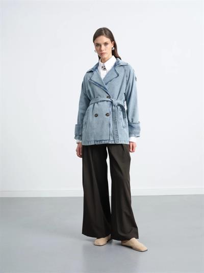 Kruvaze Yaka Kuşaklı Cepli Denim Trençkot 7274