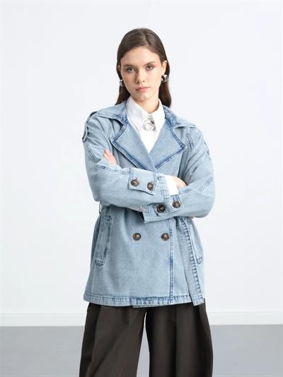 Kruvaze Yaka Kuşaklı Cepli Denim Trençkot 7274