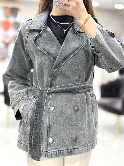 Kruvaze Yaka Kuşaklı Cepli Kısa Denim Kot Trençkot 7228