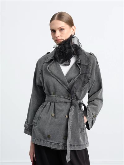 Kruvaze Yaka Kuşaklı Cepli Kısa Denim Kot Trençkot 7228