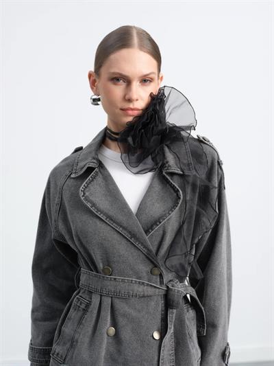 Kruvaze Yaka Kuşaklı Cepli Kısa Denim Kot Trençkot 7228