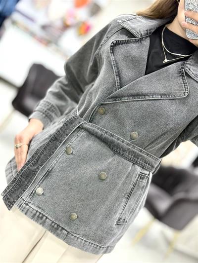 Kruvaze Yaka Kuşaklı Cepli Kısa Denim Kot Trençkot 7228