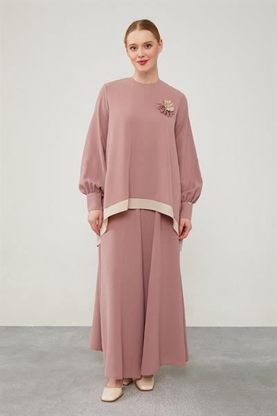 Levidor - Asimetrik Kesim Çiçek Detaylı Pantolonlu İkili Takım 100190