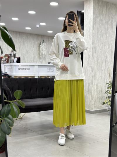 Levidor - Payetli Sweat Tunik Pliseli Etek Takım 140035