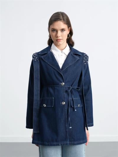 Omuz Pat Detaylı Taş İşlemeli İp Kuşaklı Denim Kot Ceket 7294