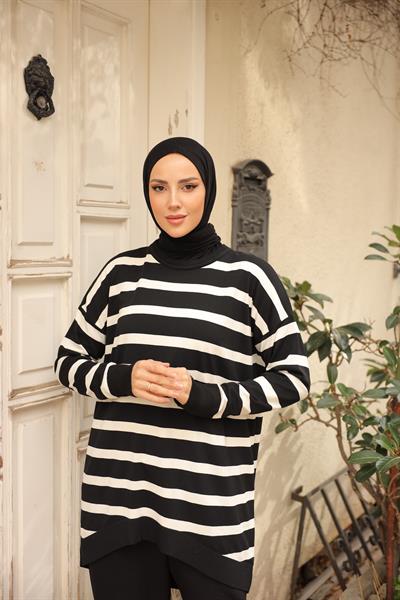 Soğuk Tuşe Oversize Çizgili Tunik 14854