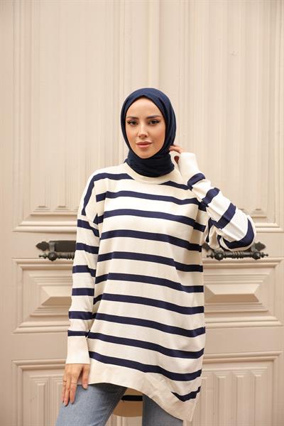 Soğuk Tuşe Oversize Çizgili Tunik 14854