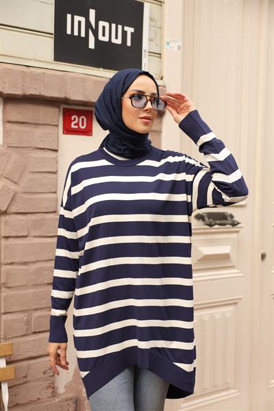 Soğuk Tuşe Oversize Çizgili Tunik 14854