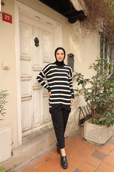 Soğuk Tuşe Oversize Çizgili Tunik 14854