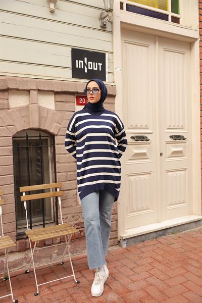 Soğuk Tuşe Oversize Çizgili Tunik 14854