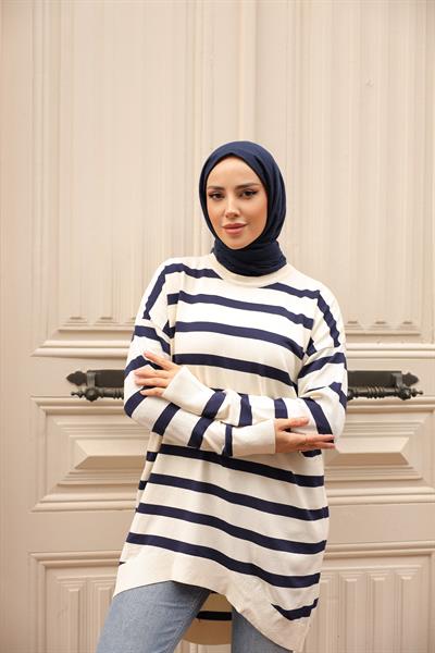 Soğuk Tuşe Oversize Çizgili Tunik 14854