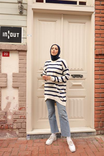 Soğuk Tuşe Oversize Çizgili Tunik 14854