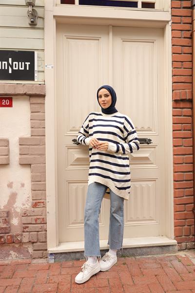 Soğuk Tuşe Oversize Çizgili Tunik 14854
