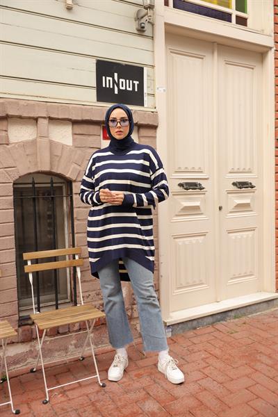 Soğuk Tuşe Oversize Çizgili Tunik 14854