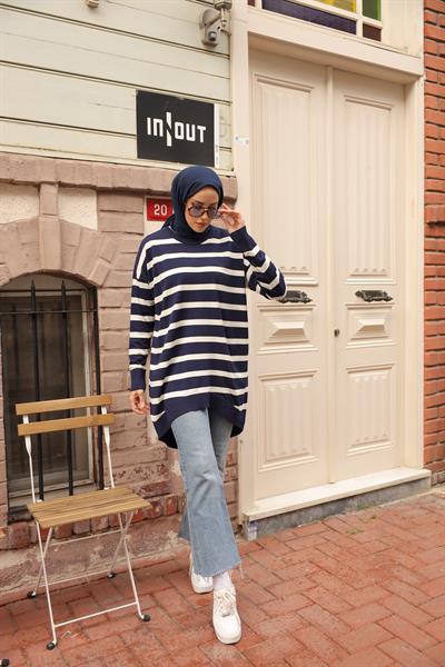 Soğuk Tuşe Oversize Çizgili Tunik 14854