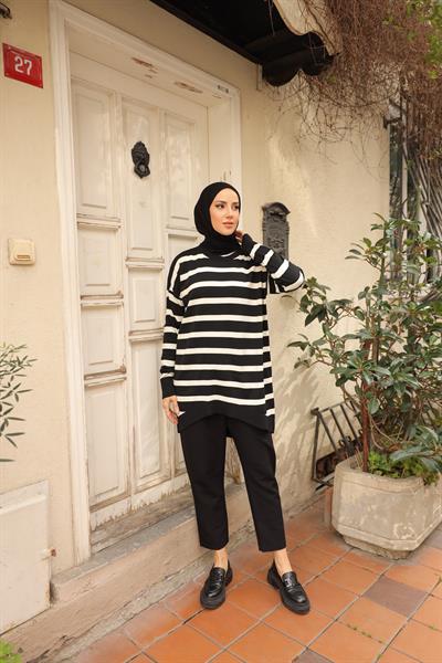 Soğuk Tuşe Oversize Çizgili Tunik 14854