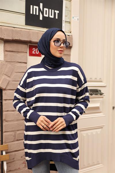 Soğuk Tuşe Oversize Çizgili Tunik 14854