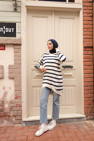 Soğuk Tuşe Oversize Çizgili Tunik 14854