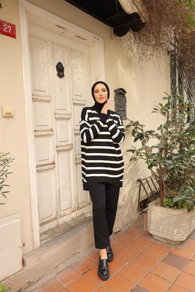 Soğuk Tuşe Oversize Çizgili Tunik 14854