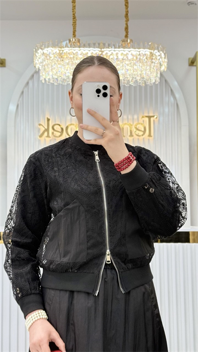 Transparan Çift Cepli Dantel Bomber Ceket M38649