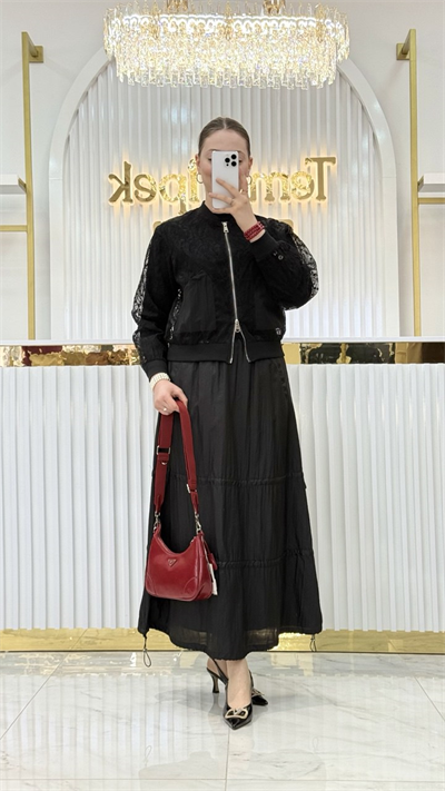 Transparan Çift Cepli Dantel Bomber Ceket M38649