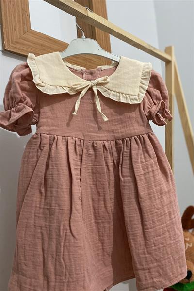 Kız Bebek Vintage Fırfır Yaka Detaylı %100 Keten Elbise