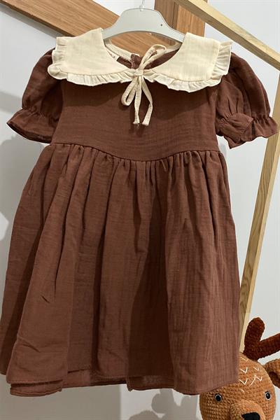 Kız Bebek Vintage Fırfır Yaka Detaylı %100 Keten Elbise