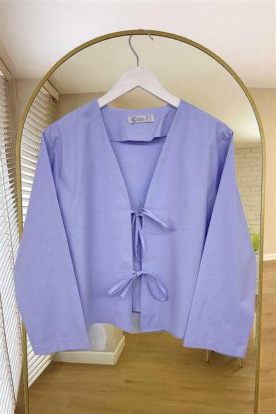 Önü Baglamalı Mavi Kısa Kimono