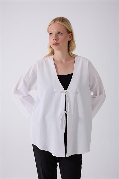 Önü Baglamalı Beyaz Kimono Tunik