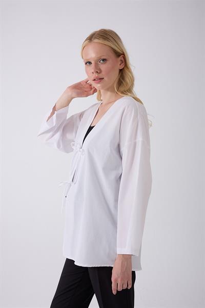 Önü Baglamalı Beyaz Kimono Tunik