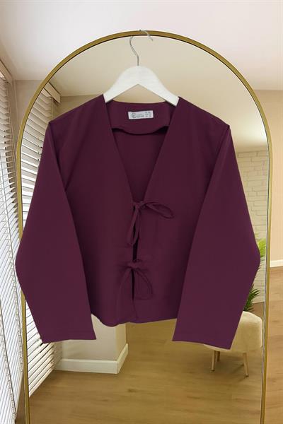 Önü Baglamalı Bordo Kısa Kimono