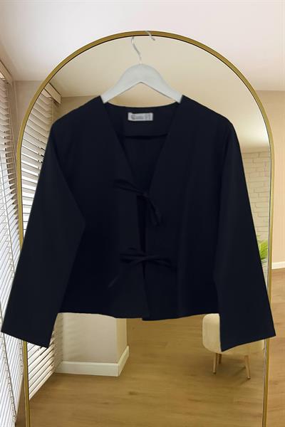 Önü Baglamalı Siyah Kısa Kimono