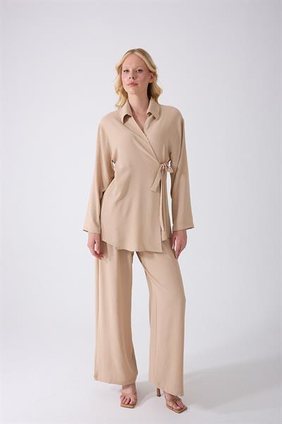 Bej Kruvaze Bağlamalı Kimono Takım – Oversize Rahat Kesim