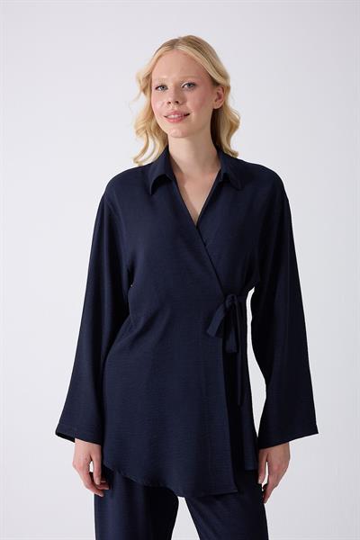 Lacivert Bağlamalı Kimono Takım – Oversize Rahat Kesim