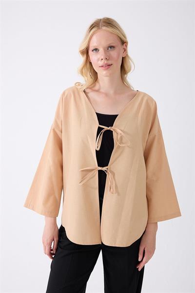Önü Baglamalı Bej Kimono Tunik Oversize