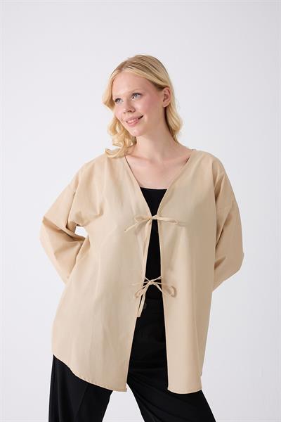 Önü Baglamalı Krem Kimono Tunik Oversize