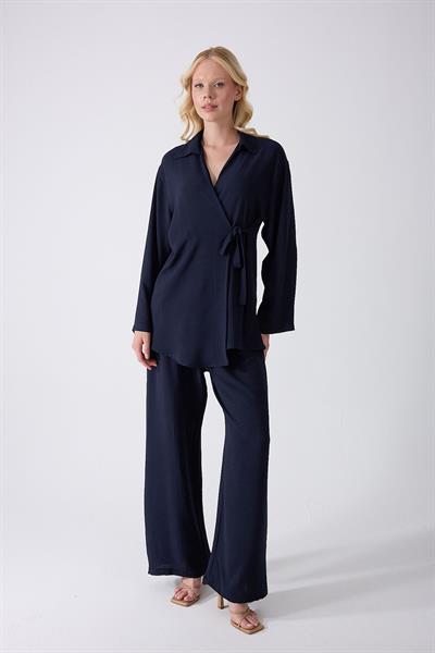 Lacivert Bağlamalı Kimono Takım – Oversize Rahat Kesim