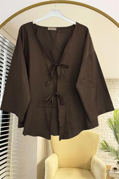 Önü Baglamalı Kahverengi Kimono Tunik