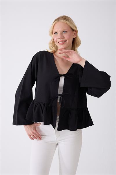 Önü Baglamalı Siyah Fırfırlı Kimono