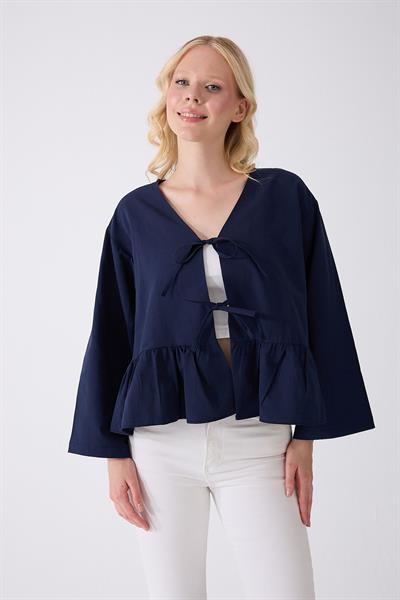 Önü Baglamalı Lacivert Fırfırlı Kimono