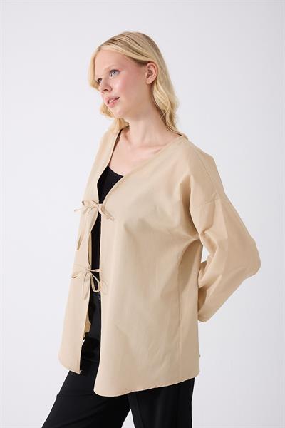 Önü Baglamalı Krem Kimono Tunik Oversize